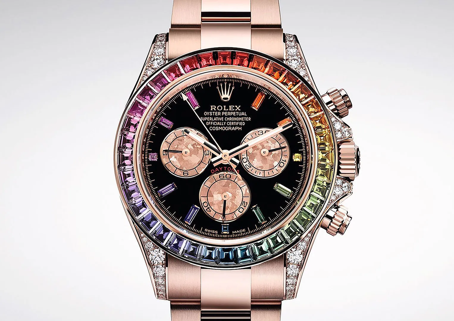 The "Rainbow" Daytona boasts 36 baguette-cut sapphires on a graduated bezel